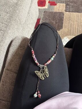 Handmade Red and Green Beaded Butterfly Pendant Necklace